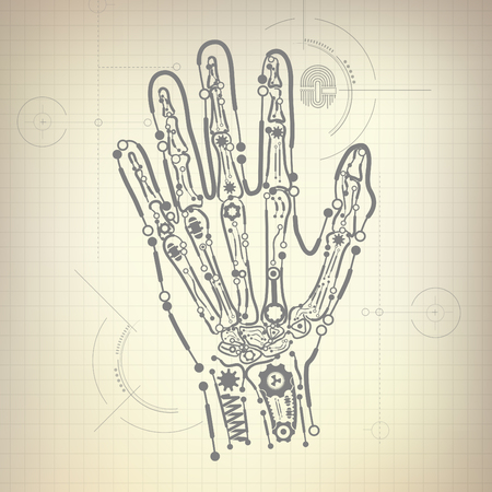 Concept of blueprint of A.I. invention, robot hand and bone diagramのイラスト素材