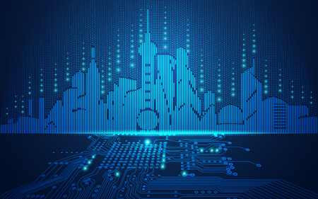 abstract technology background; digital building in a matrix style; technological city combined with electronic boardのイラスト素材