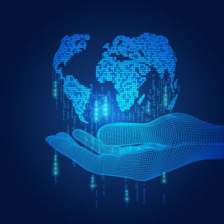 digital modern globe, wireframe hand holding digital global; concept of advancement technology worldのイラスト素材