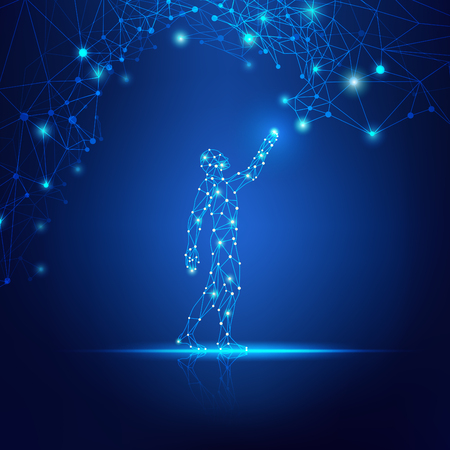 Concept of cloud technology, digital man reaching futuristic connected line.のイラスト素材