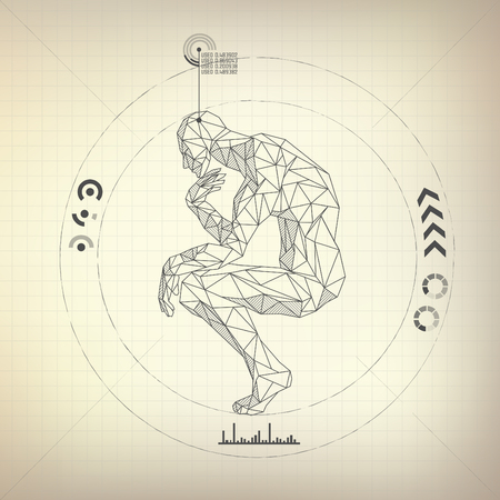 Wireframe polygon man is thinking in futuristic retro style, vector of a great thinkerのイラスト素材