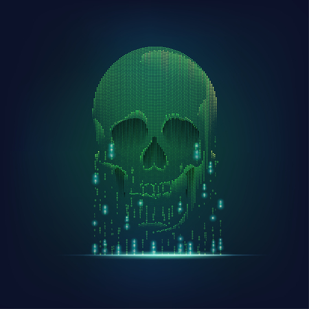 concept of computer virus, internet piracy and hacking, shape of skull combined with binary codeのイラスト素材