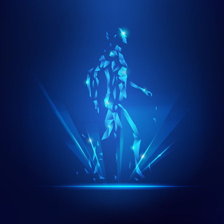Concept of technology revolution, abstract wireframe man walking with beamのイラスト素材