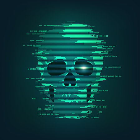 concept of cyber crime, internet piracy and hacking, shape of skull combined with binary codeのイラスト素材