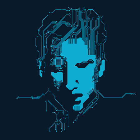 human face combined with electronic board, concept of futuristic advance technologyのイラスト素材