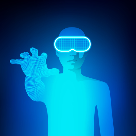 Concept of virtual reality technology, a man with head-set gadget reaching handのイラスト素材