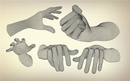 wireframe hands in different gestures, hands reaching for virtual reality conceptsのイラスト素材