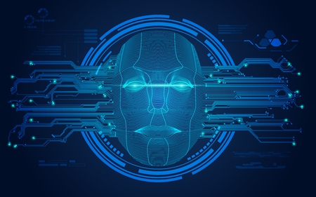 concept of biometric, digital Face Scanning, human face combined with electronic boardのイラスト素材