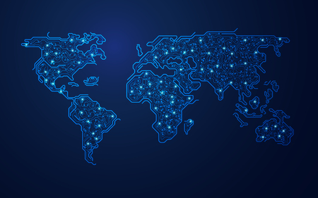 abstract futuristic world map in electronic theme, concept of global networkのイラスト素材
