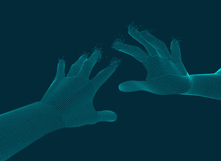 Graphic of two dotted hand reaching to each other, concept of virtual reality technology.のイラスト素材