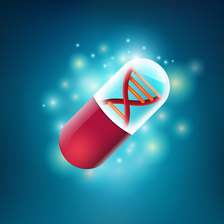 concept of health care technology, graphic of realistic transparent pill with shape of DNA insideのイラスト素材
