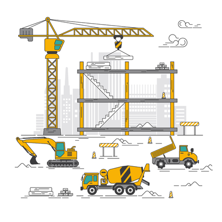 graphic of excavator and truck and crane in construction site, concept of construction industryのイラスト素材