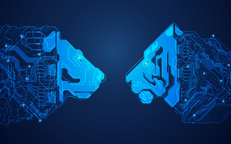 futuristic digital lion versus technological tiger, shape of lion and tiger head combined with electronic board, concept of powerful technology confrontationのイラスト素材