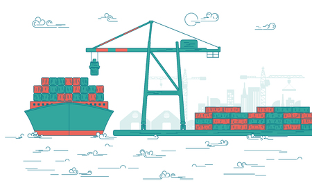 Concept of global transportation, graphic of cargo port with operating equipment, vector of crane loading on industrial ship.のイラスト素材