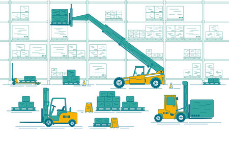 Concept of industrial warehousing, graphic of forklifts on operating process in warehouse.