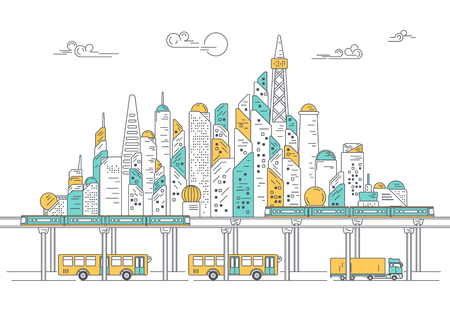 vector of city with building and skytrain, concept of metropolis development, graphic of urban technology for infographicのイラスト素材