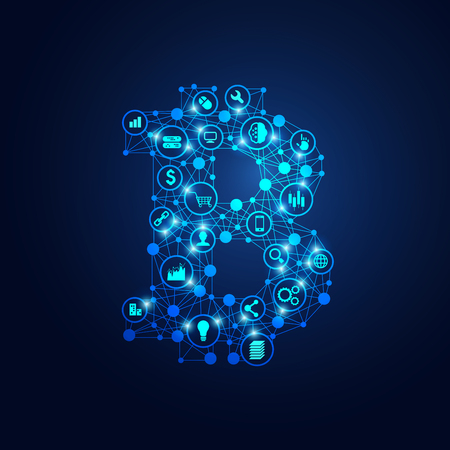 concept of cryptocurrency, shape of bitcoin with linked iconsのイラスト素材