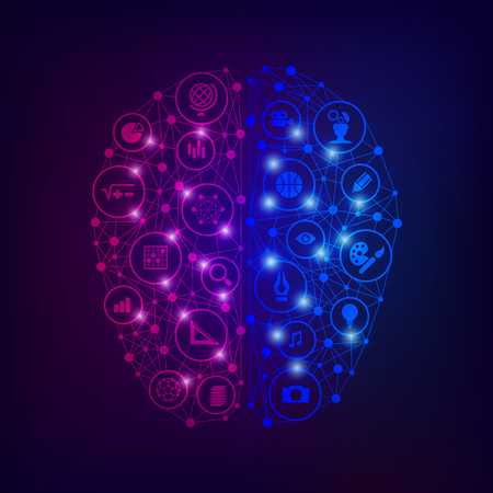 Concept of left and right brain function, shape of brain with analytic and creative iconsのイラスト素材