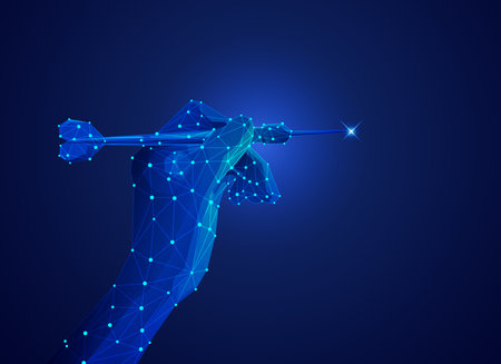 concept of business strategy, futuristic wireframe hand holding dartのイラスト素材