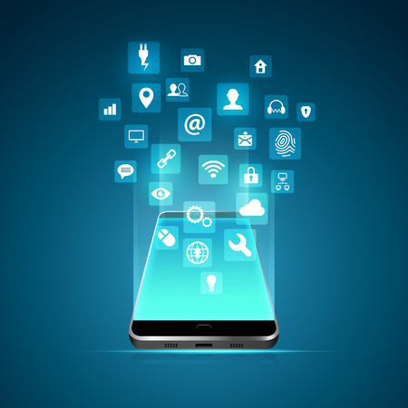 concept of mobile application technology, graphic of realistic cellphone with technology iconsのイラスト素材