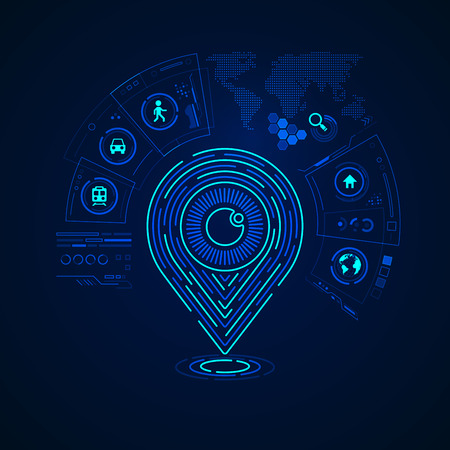 concept of gps navigation technology, gps pointer combined with eye and digital transportation interfaceのイラスト素材