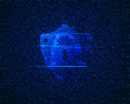 concept of cyber security, shape of padlock and shield with programming code