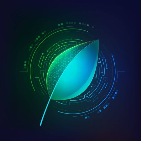 concept of synthetic biology or biological technology, graphic of single leaf with electronic patternのイラスト素材