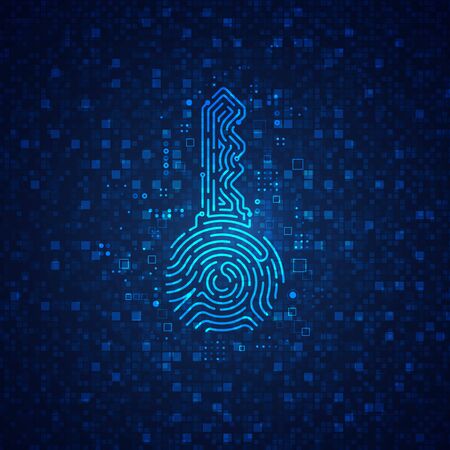 concept of cyber security or private key in cryptocurrency technology, shape of key combined with fingerprint and electronic patternのイラスト素材