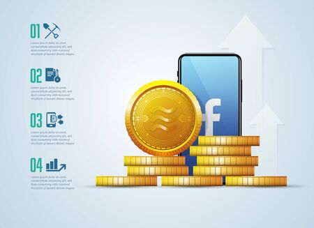 infographic of new cryptocurrency technology, Libra, pile of golden coins with mobile screen のイラスト素材