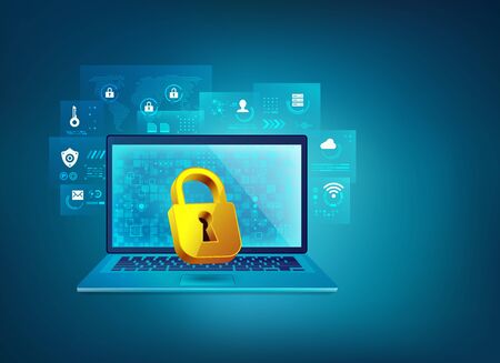 concept of cyber security or firewall technology, graphic of realistic computer laptop and golden padlock with futuristic elementのイラスト素材