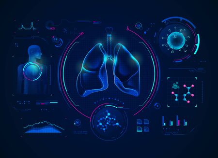 concept of medical technology, graphic of lungs, respiratory system and virus with medical elementのイラスト素材