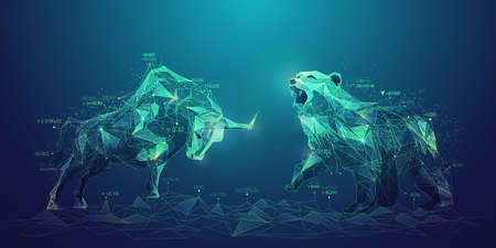 concept of stock market exchange or financial technology, polygon bull and bear with futuristic elementの写真素材
