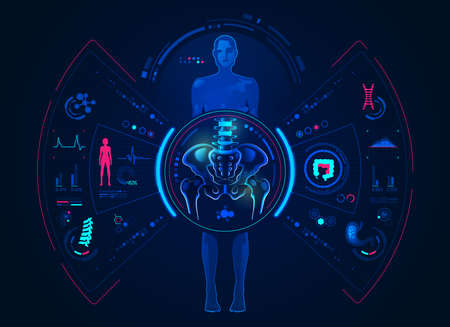 concept of orthopedic analysis technology, graphic of female with pelvis and body scanのイラスト素材
