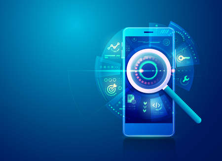 concept of search engine optimisation strategy or SEO, realistic magnifying glass with digital marketing iconsのイラスト素材