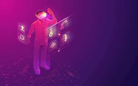 concept of vr technology, virtual reality headset with digital hologram interfaceのイラスト素材