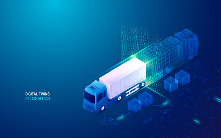 concept of digital twins in logistics, container truck with technology elementのイラスト素材