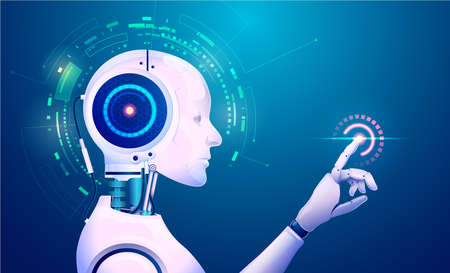 concept of machine learning technology, graphic of artificial intelligence or AI pointing at futuristic elementの写真素材