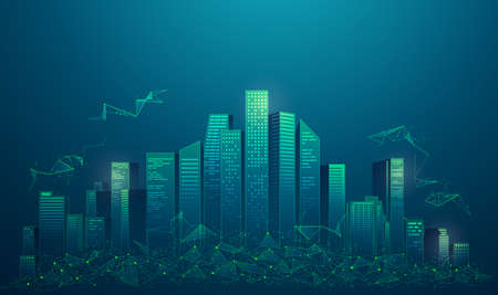concept of smart city or digital city, graphic of buildings with low poly element presented in futuristic styleのイラスト素材