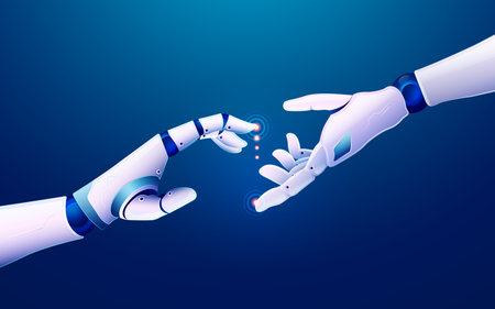 concept of machine learning or innovation technology, graphic of robot hand reaching to each otherのイラスト素材