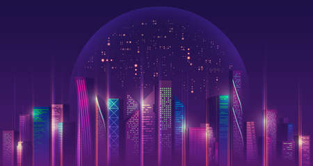 Graphic of futuristic city with outer space and purple planet as a backgroundのイラスト素材