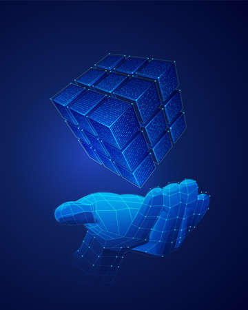 concept of digital transformation, graphic of low poly hand holding futuristic cubeのイラスト素材