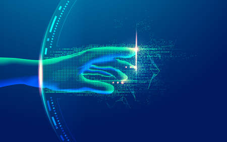 concept of digital transformation or deep learning, graphic of hand reaching with futuristic elementの写真素材