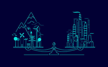 concept of environment conservation or ecology system, graphic of balancing scale with factory and forestのイラスト素材