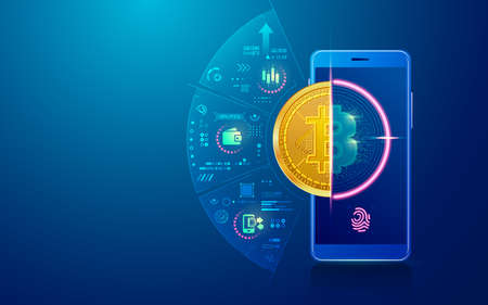 concept of cryptocurrency technology, graphic of mobile phone with bitcoin wallet applicationのイラスト素材