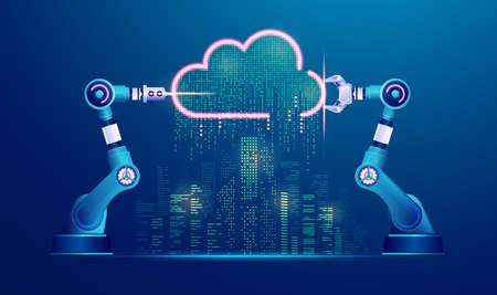 concept of smart city or industry 4.0, graphic of robotic arms with cloud computing and futuristic cityの写真素材