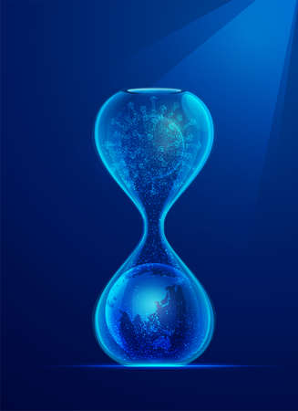concept of covid-19 world spread, graphic of hourglass with virus and earth insideの写真素材