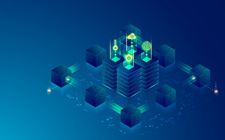 concept of block chain technology or data center, graphic of computer server surrounded by...
