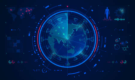 concept of virus scan technology or world medical analysis, graphic of radar scanning globe combined with virus and futuristic elementの写真素材