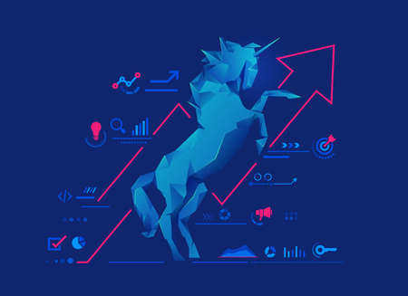 concept of unicorn startup or successful business, graphic of low poly unicorn with startup business elementsのイラスト素材