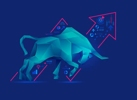 concept of bullish in stock market exchange, graphic of low poly bull with increasing graphのイラスト素材